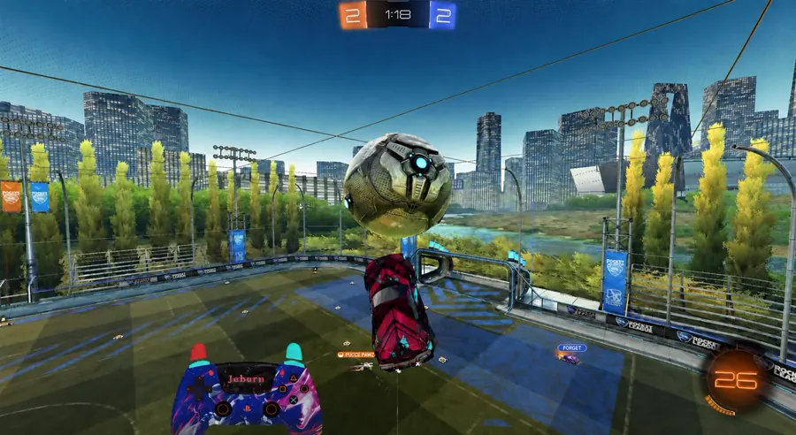 Rocket League stream showing a custom Padcraft controller overlay beside the gameplay