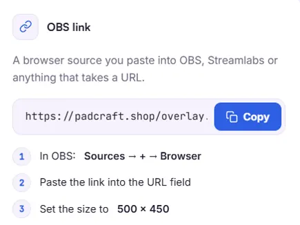 Copy a Padcraft OBS controller overlay link with the recommended 500 by 450 source size