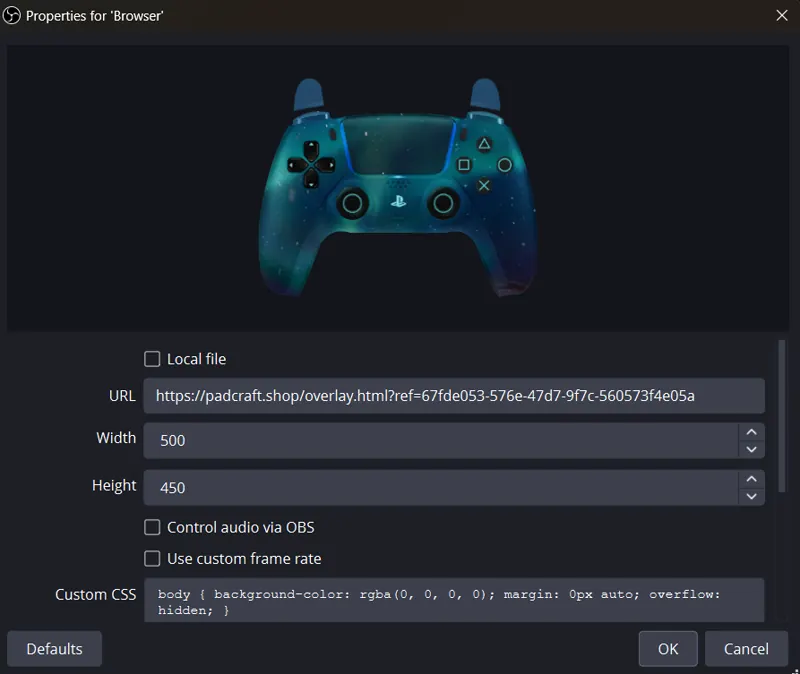 Add a Padcraft controller overlay link to an OBS Browser source at 500 by 450 pixels