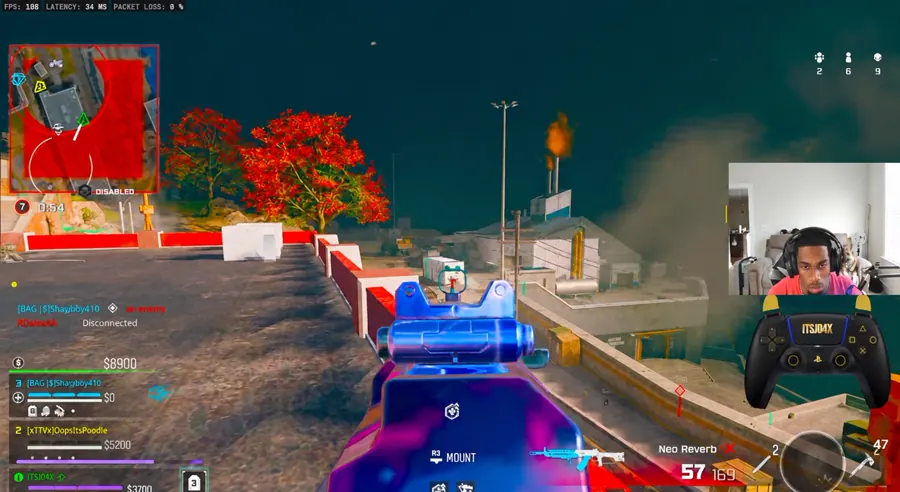 Warzone stream showing a webcam and a Padcraft controller overlay reacting beside the gameplay